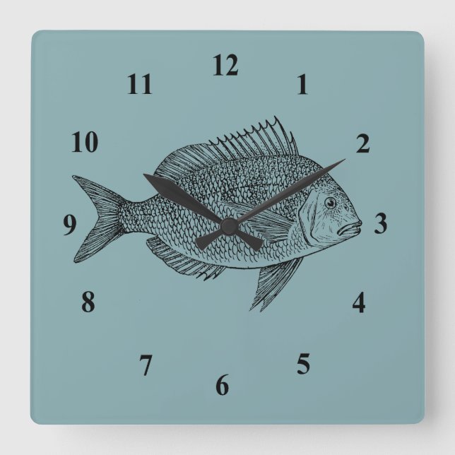 Vintage fish illustration square wall clock (Front)