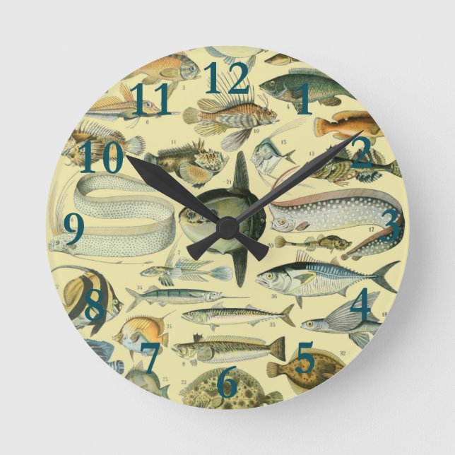 Vintage Fish Scientific Fishing Art Round Clock (Front)