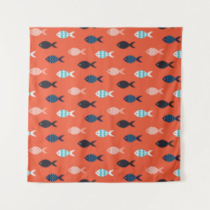 vintage fish seamless pattern. Shoal of fish in ro Tapestry