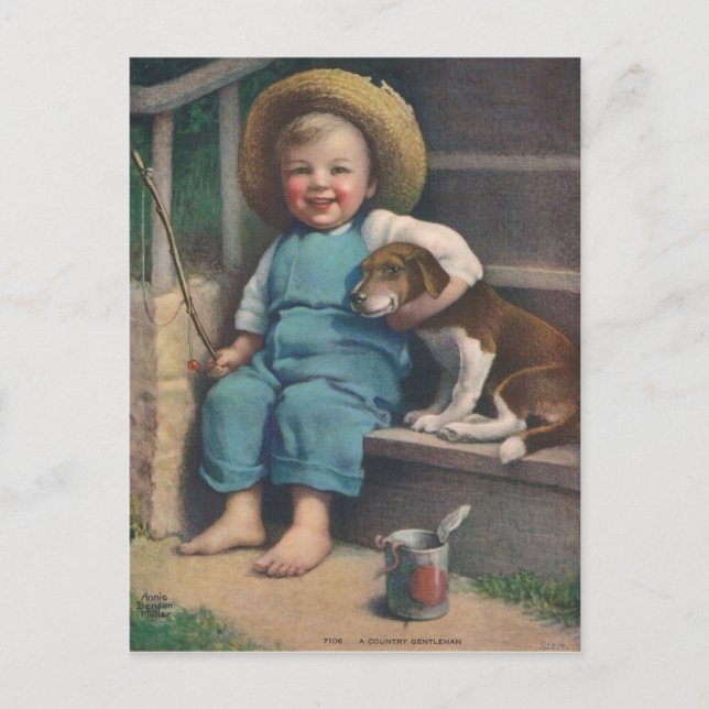 Vintage fishing boy with dog postcard (Front)