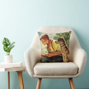 Vintage Fishing, Boy with His Puppy and Worms Cushion