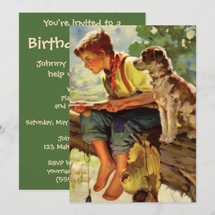 Vintage Fishing, Boy with His Puppy and Worms Invitation