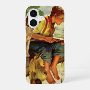 Vintage Fishing, Boy with His Puppy and Worms iPhone 16 Case
