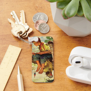 Vintage Fishing, Boy with His Puppy and Worms Key Ring
