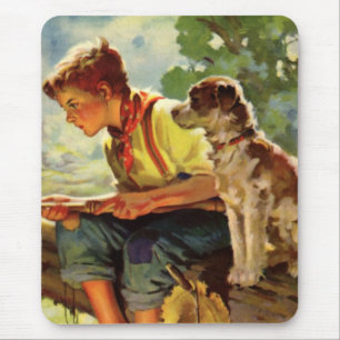Vintage Fishing, Boy with His Puppy and Worms Mouse Pad