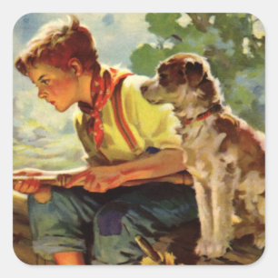 Vintage Fishing, Boy with His Puppy and Worms Square Sticker