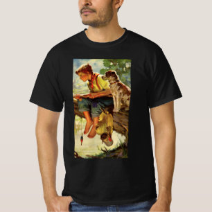 Vintage Fishing, Boy with His Puppy and Worms T-Shirt