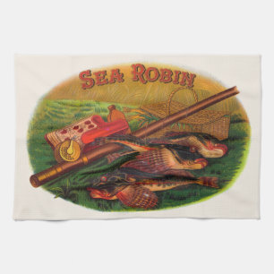 Vintage Fishing Gear Cigar Label Art, Sea Robin Tea Towel