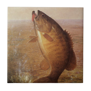 Vintage Fishing, Leaping Smallmouth Bass on Line Ceramic Tile