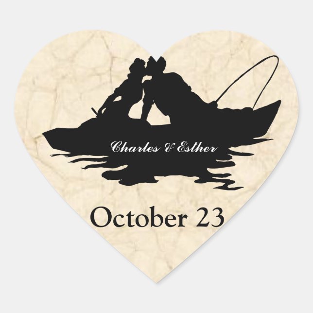 Vintage Fishing Lovers Save the Date Heart Sticker (Front)