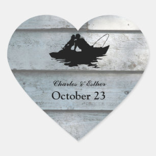 Vintage Fishing Lovers Wood Heart Sticker