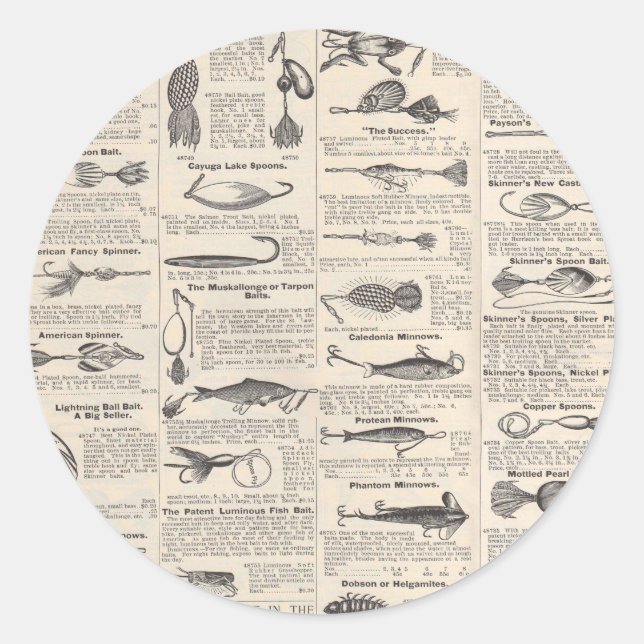 Vintage Fishing Lures: Antique 1900s Fisherman Classic Round Sticker (Front)