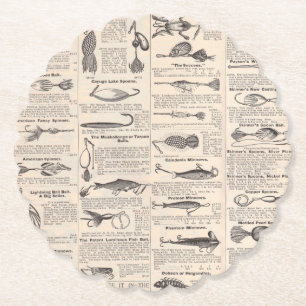 Vintage Fishing Lures: Antique 1900s Fisherman Paper Coaster