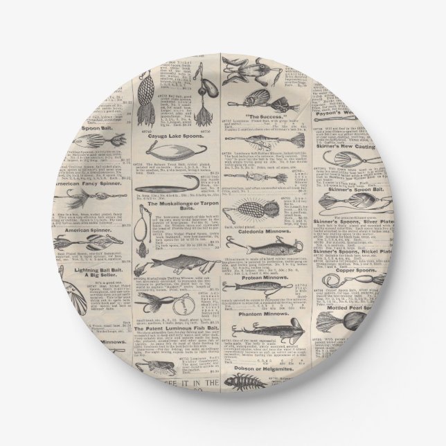Vintage Fishing Lures: Antique 1900s Fisherman Paper Plate (Front)