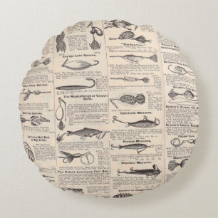 Vintage Fishing Lures: Antique 1900s Fisherman Round Cushion