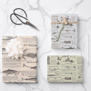 Vintage Fishing Lures: Antique 1900s Fisherman Wrapping Paper Sheet