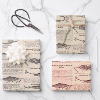 Vintage Fishing Lures: Antique 1900s Fisherman Wrapping Paper Sheet