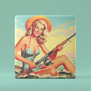 Vintage Fishing Pin-up Ceramic Tile