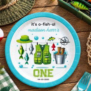 Vintage Fishing Rod "O-Fish-Ally One" 1st Birthday Paper Plate