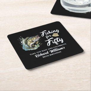 Vintage Fishing Themed 50th Birthday Party Square Paper Coaster