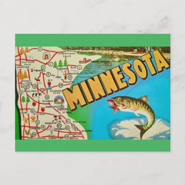 Vintage Fishy Map of Minnesota  Postcard (Front)