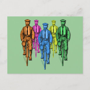 Vintage Five Fellas on Bikes Illustration Postcard