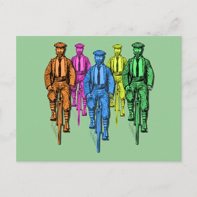 Vintage Five Fellas on Bikes Illustration Postcard (Front)