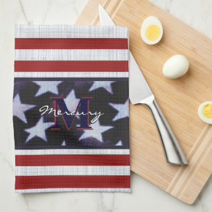  Vintage Flag Patriotic July 4th Custom Monogram 2 Tea Towel
