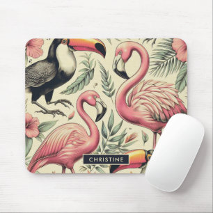 Vintage Flamingo and Toucan Seamless Mouse Pad