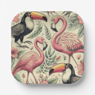 Vintage Flamingo and Toucan Seamless Paper Plate