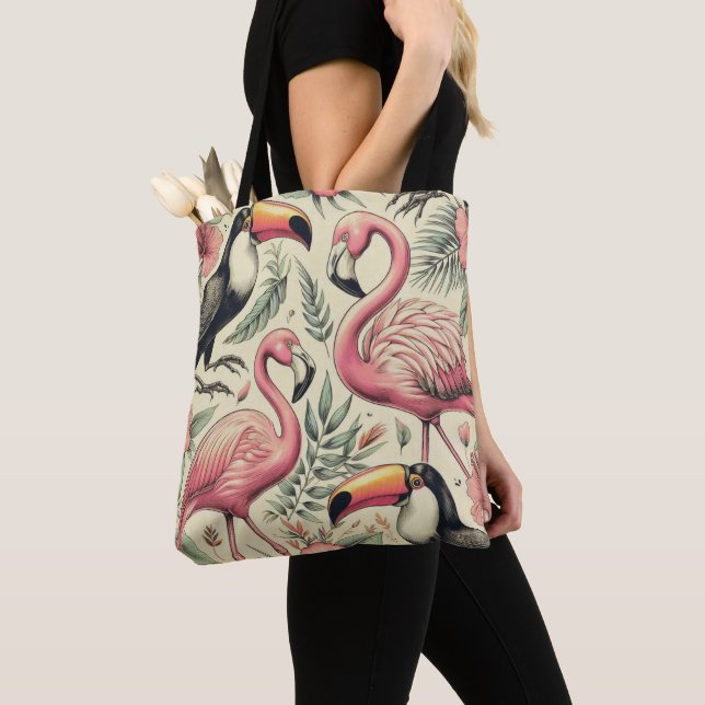 Vintage Flamingo and Toucan Seamless Tote Bag (Close Up)