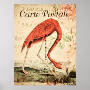 Vintage Flamingo Bird French Floral Poster