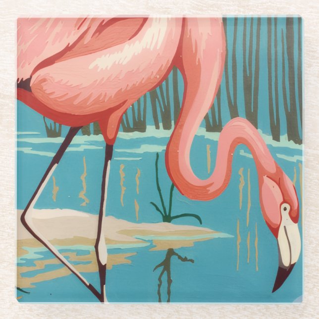 Vintage Flamingo Glass Coaster (Front)