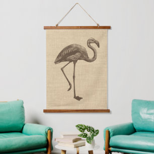 Vintage Flamingo Illustration on Burlap Hanging Tapestry
