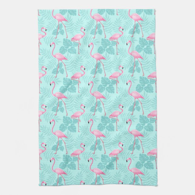 Vintage Flamingo Light Blue Tea Towel (Vertical)