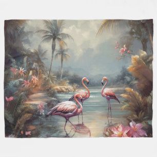 Vintage Flamingo Tropical Lagoon Florida Art Fleece Blanket