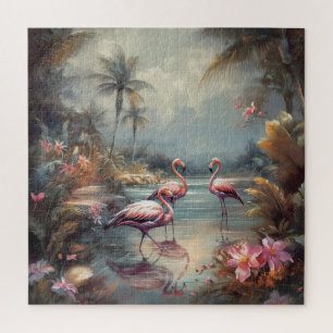 Vintage Flamingo Tropical Lagoon Florida Art Jigsaw Puzzle