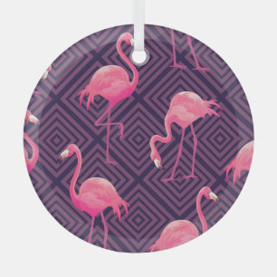 Vintage flamingos, purple geometric background. glass tree decoration