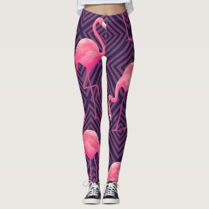 Vintage flamingos, purple geometric background. leggings