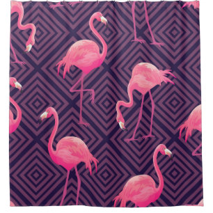Vintage flamingos, purple geometric background. shower curtain