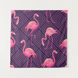 Vintage flamingos, purple geometric background. tapestry