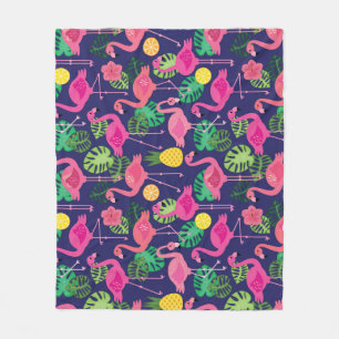 Vintage flamingos, summer elements pattern fleece blanket