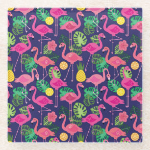 Vintage flamingos, summer elements pattern glass coaster
