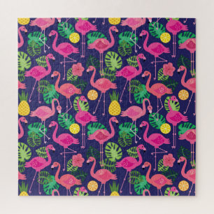 Vintage flamingos, summer elements pattern jigsaw puzzle