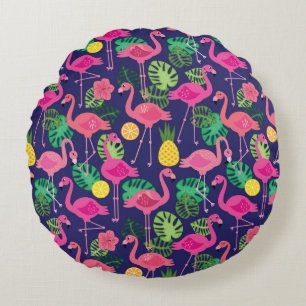 Vintage flamingos, summer elements pattern round cushion
