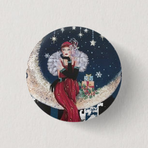 Vintage Flapper Art Deco Woman on Crescent Moon 3 Cm Round Badge