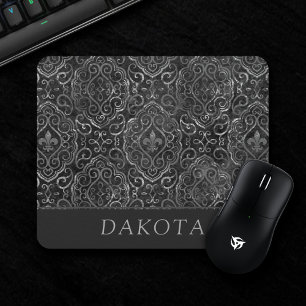 Vintage Fleur de Lis   Black Silver Grunge Damask Mouse Pad