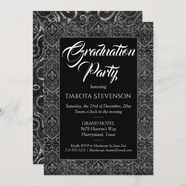 Vintage Fleur de Lis Damask | Grunge Graduation Invitation (Front/Back)