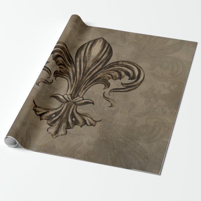Vintage Fleur-de-lis Sepia Wrapping Paper (Unrolled)