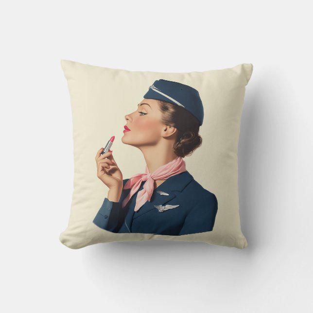 Vintage Flight Attendant Applying Lipstick Cushion (Front)